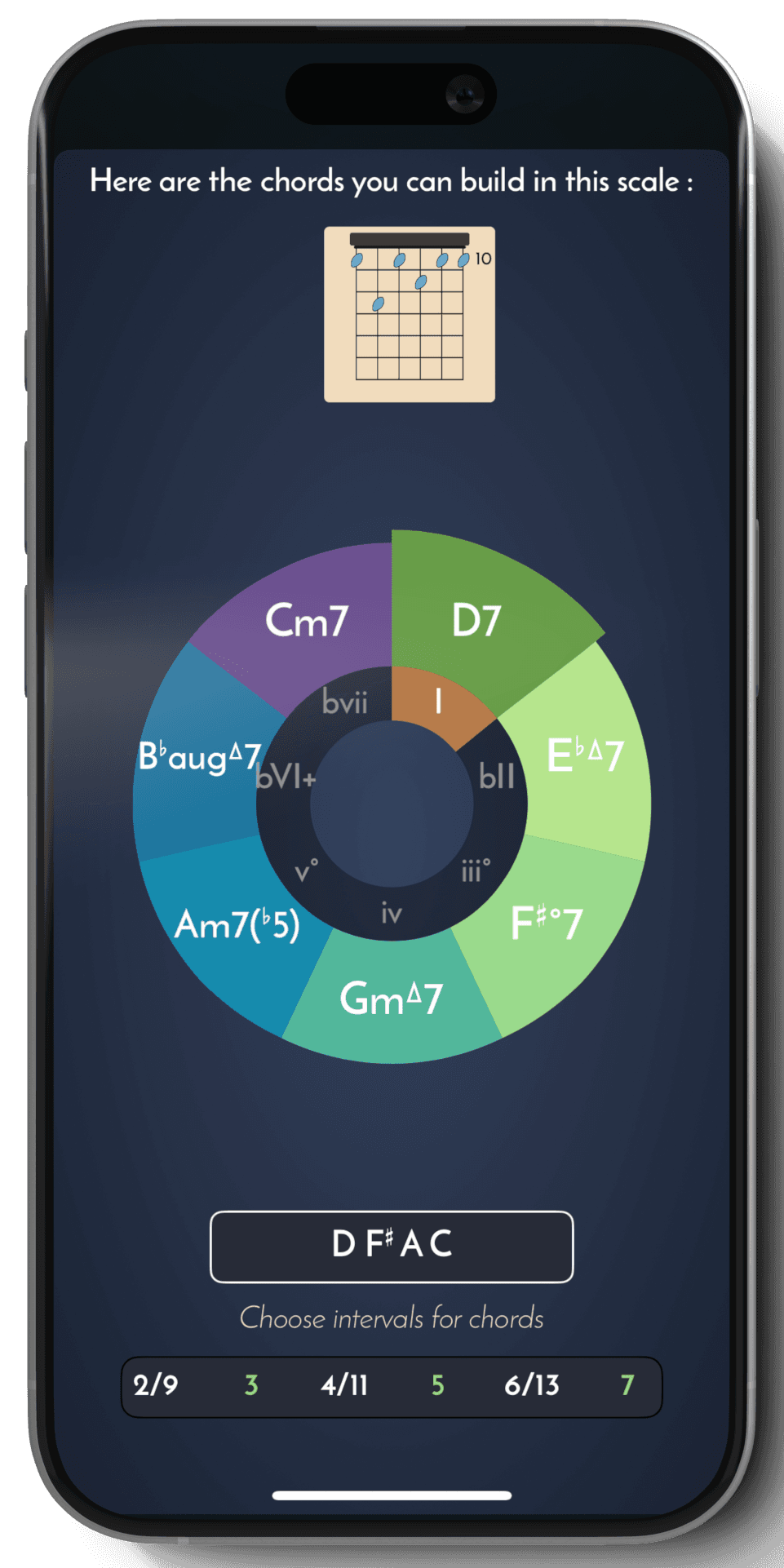Jam Lab chords screen for exploring chords in scales and modes