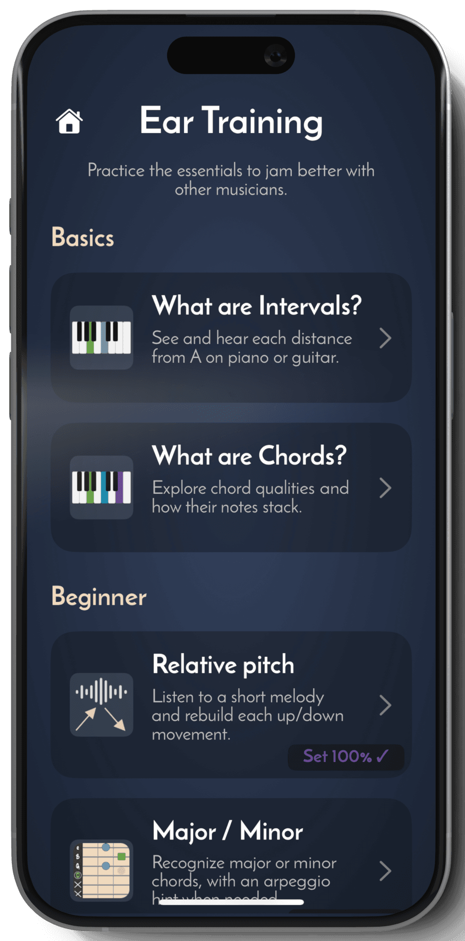 Jam Lab ear training screen with interval and chord recognition exercises